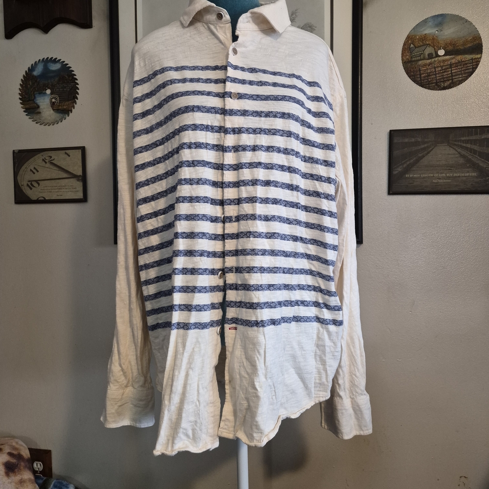 [SOLD]​Cremieux Classic Fit Cream & Blue Geometric Long Sleeve Button Up XL